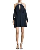 Melody Cold-Shoulder Halter-Neck Stretch-Silk Dress, Navy