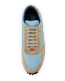 Men's Suede & Technical Satin Trainers with Check Trim, Light Taupe/Brown/Powder Blue 