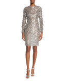 Dangling Metallic Long-Sleeve Dress, Silver/Suntan