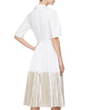 Half-Sleeve Two-Tone Midi Shirtdress, Champagne