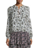 Long-Sleeve Floral Silk Blouse, Black/White