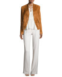 Button-Tab Slim Flared Trousers, White