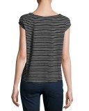 Adelise Striped Cap-Sleeve Linen T-Shirt, Black