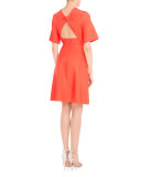 Half-Sleeve Twist Open-Back Dress, Hot Coral