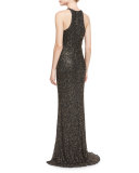 Sleeveless Beaded Metallic Column Gown, Smoke