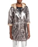 Leather 3/4-Sleeve Anorak Jacket, Gray
