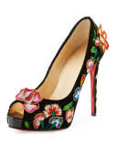 Folklo Embroidered Velvet Red Sole Pump, Black/Multi