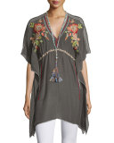 Cherise V-Neck Embroidered Poncho Top, Iron Steel