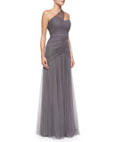 One-Shoulder Draped Tulle Gown, Slate