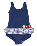 Skirted Floral One-Piece Swimsuit, Blue, Size 2T-6X