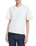 Boxy Cropped Jersey Tee with Embellished Sleeves, White