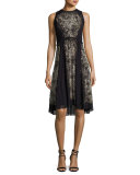 Sleeveless Lace-Print A-Line Dress, Black