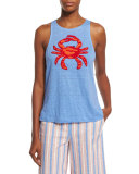 Crab Embellished Round-Neck Tank, Blue Dusk