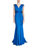 Sleeveless V-Neck Satin Mermaid Gown, Bluebell