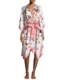 Scarf Printed Silk Wrap Robe, Ivory