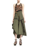 Sleeveless Mixed-Print A-Line Dress, Military Green/Rust