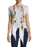 Floral Classic Skinny Fringe Silk Scarf, Ivory