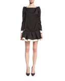 Bicolor Long-Sleeve Drop-Waist Dress, Black