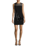 Sleeveless Jewel-Neck Combo Sheath Dress, Black