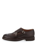 Leather Monk-Strap Wing-Tip Loafer, Brown