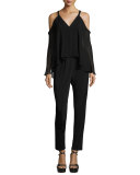 Aleah Cold-Shoulder Jumpsuit w/ Chiffon Overlay, Black