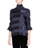 Striped Mock-Neck Bell-Sleeve Top, Navy