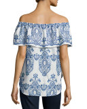 Christina Embroidered Off-The-Shoulder Top, White/Blue