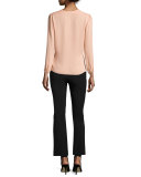 Long-Sleeve Georgette Wrap Top, Nude