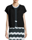 Short-Sleeve Bubble-Hem Zigzag Cardigan, Black