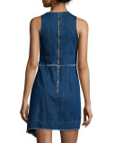 Sleeveless Asymmetric-Hem Denim Dress, Blue