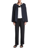 Long-Sleeve Button-Front Linen Jacket, Dark Navy 