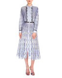 Long-Sleeve Wavy-Print Shirtdress, Snuffbox/Blue