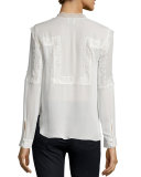 Lace-Trim Collarless Pintucked Silk Blouse, Swan