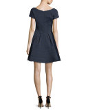 Cap-Sleeve Scoop-Neck Jacquard Cocktail Dress, Blue/Multi