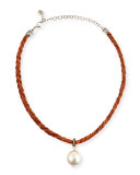 Braided Leather Necklace with Pearl Charm, Brown