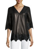 Half-Sleeve Leather Top w/ Calf Hair Lace, Black