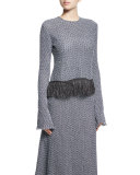 Long-Sleeve Crochet Top W/Fringe Hem, Navy/White