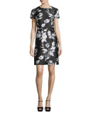 Short-Sleeve Metallic Floral Jacquard Dress, Black