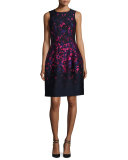 Floral-Embroidered Sleeveless Cocktail Dress, Navy/Hot Pink