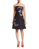 Strapless Threadwork-Embroidered Cocktail Dress, Dark Navy/Multi