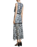 Sleeveless Floral Lace Popover Maxi Dress, Black/White/Light Blue
