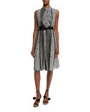 Printed Sleeveless Dress with Scarf, Black