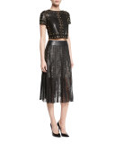 Tianna Studded Leather & Floral Lace Skirt, Black