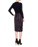 Monroe Striped Side-Slit Pencil Skirt, Navy/Tango