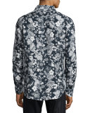 Floral-Print Linen Sport Shirt, Navy/White