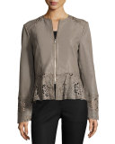 Laser-Cut Fit-&-Flare Lambskin Leather Jacket, Taupe