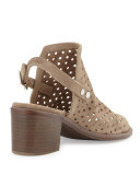 Wyatt Perforated Mid-Heel City Sandal, Warm Gray