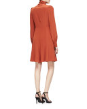 Puffed-Sleeve Tie-Neck Dress, Burnt Sienna