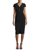 Short-Sleeve Crepe Sheath Dress, Black