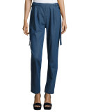 Side-Tie Straight-Leg Trousers, Indigo